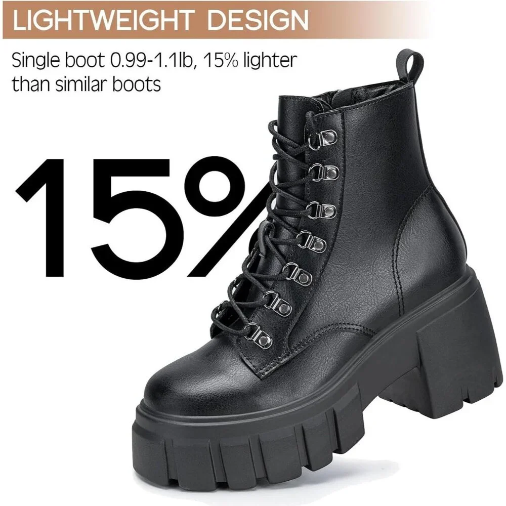 Women’s Combat Black Lace up Side Zipper High Heel Chunky Ankle Lug Sole Booties - Picture 4 of 6